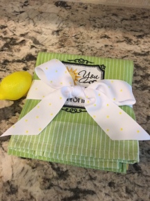 Shower Game: Hostess set a timer on her phone and guests were encouraged to sing "You are my Sunshine" and pass the lemon to the next guest while the Mommy-to-be opened gifts. The guest holding the lemon when the timer went off won the prize (two "You are my Sunshine" kitchen towels.